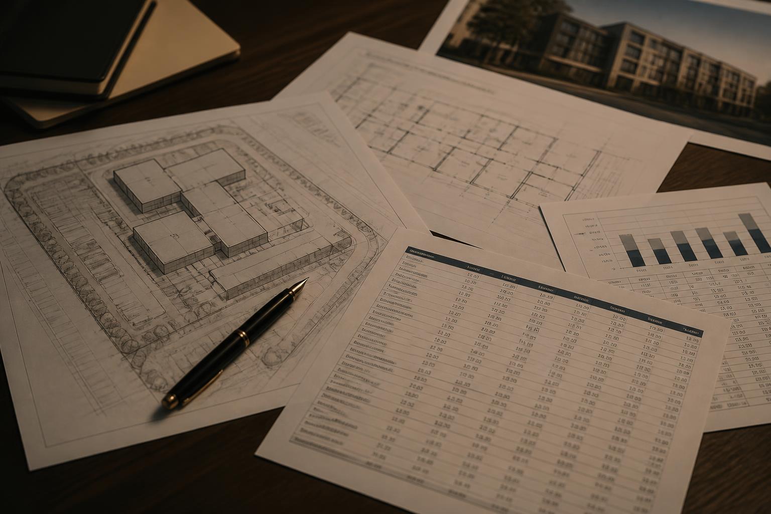 Blueprints, financial models, and a fountain pen on a desk